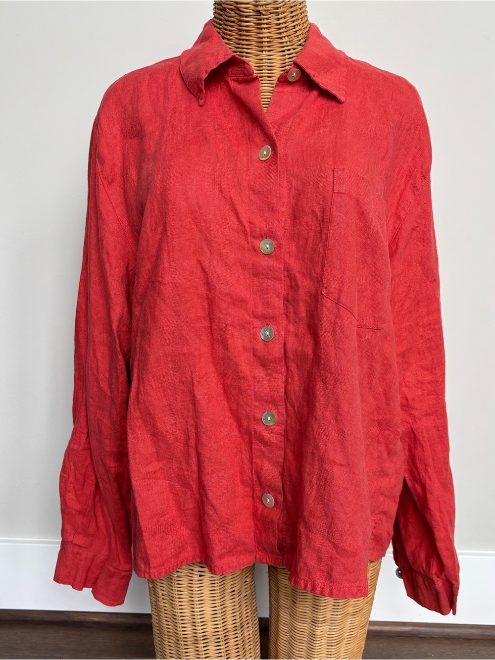 Chicos Design 100% Linen Coral Button Down Shirt Size 2 Large Summer Vacation